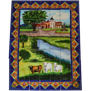 Mexican Talavera Mosaic Mural Tile Handmade Cows Backsplash Folk Art