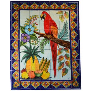 Mexican Talavera Mosaic Mural Tile Handmade Guacamayas & Fruits Backsplash