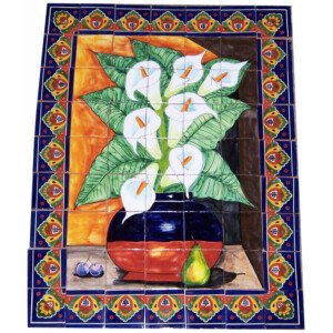 Mexican Talavera Mosaic Mural Tile Handmade Folk Art Calla Lily Backsplash