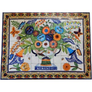 Mexican Talavera Mosaic Mural Tile Handmade Pot Vase Flowers Backsplash