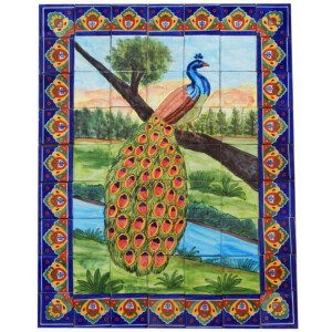 Mexican Talavera Mosaic Mural Tile Handmade Folk Art Peacock Backsplash
