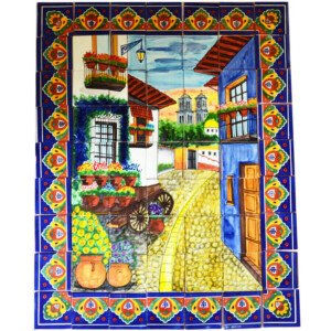 Mexican Talavera Mosaic Mural Tile Handmade Alley Flower Wagon Backsplash