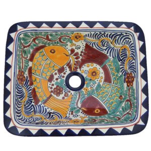 Cozumel Fish Mexican Bathroom Ceramic Rectangle Talavera Folk Art Drop In Sink